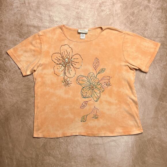 Vintage 90s Studio Works Sequin Floral Shirt Tie Dye Boxy Orange Fairy Boho Y2K - Picture 7 of 7